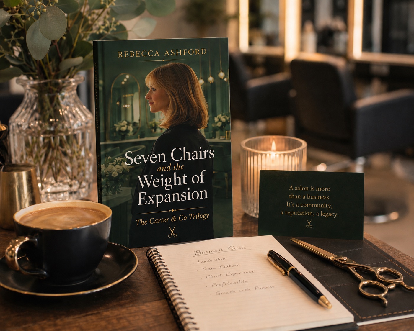 Seven Chairs and the Weight of Expansion book cover in a salon scene